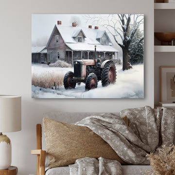 Tractor At The Barn In Winter I - Car Old American Canvas Wall Art